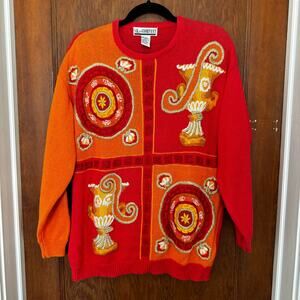 Vintage SK & Company Eccentric‎ Embroidered Sweater Red Orange Gold M